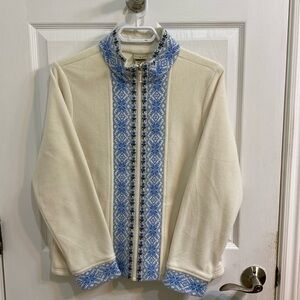 LL Bean Fleece Jacket Fair Isle Trim Blue Nordic Snowflake Full Zip Medium
